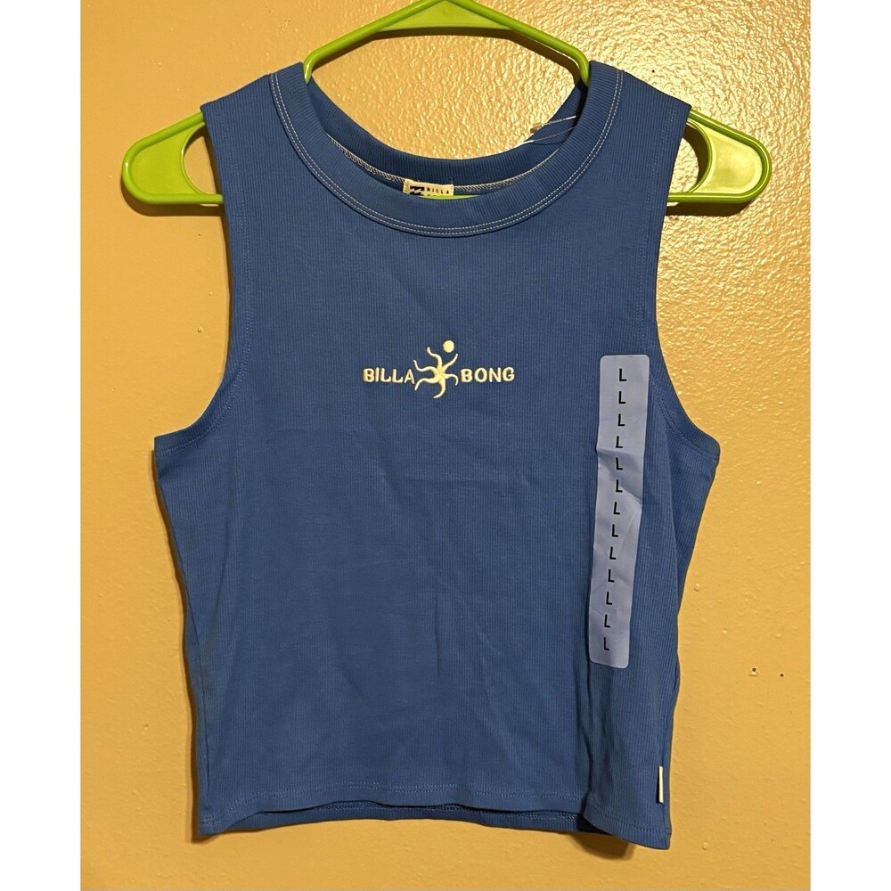 Billabong Women’s Ribbed Cotton Logo Tank Top Fitted Crew Neck Blue L